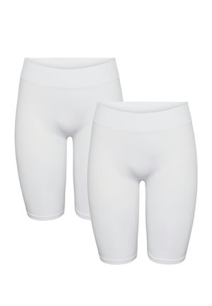 Twee paar eenvoudige witte knielange stretchshorts met brede elastische taillebanden, afgebeeld tegen een witte achtergrond.