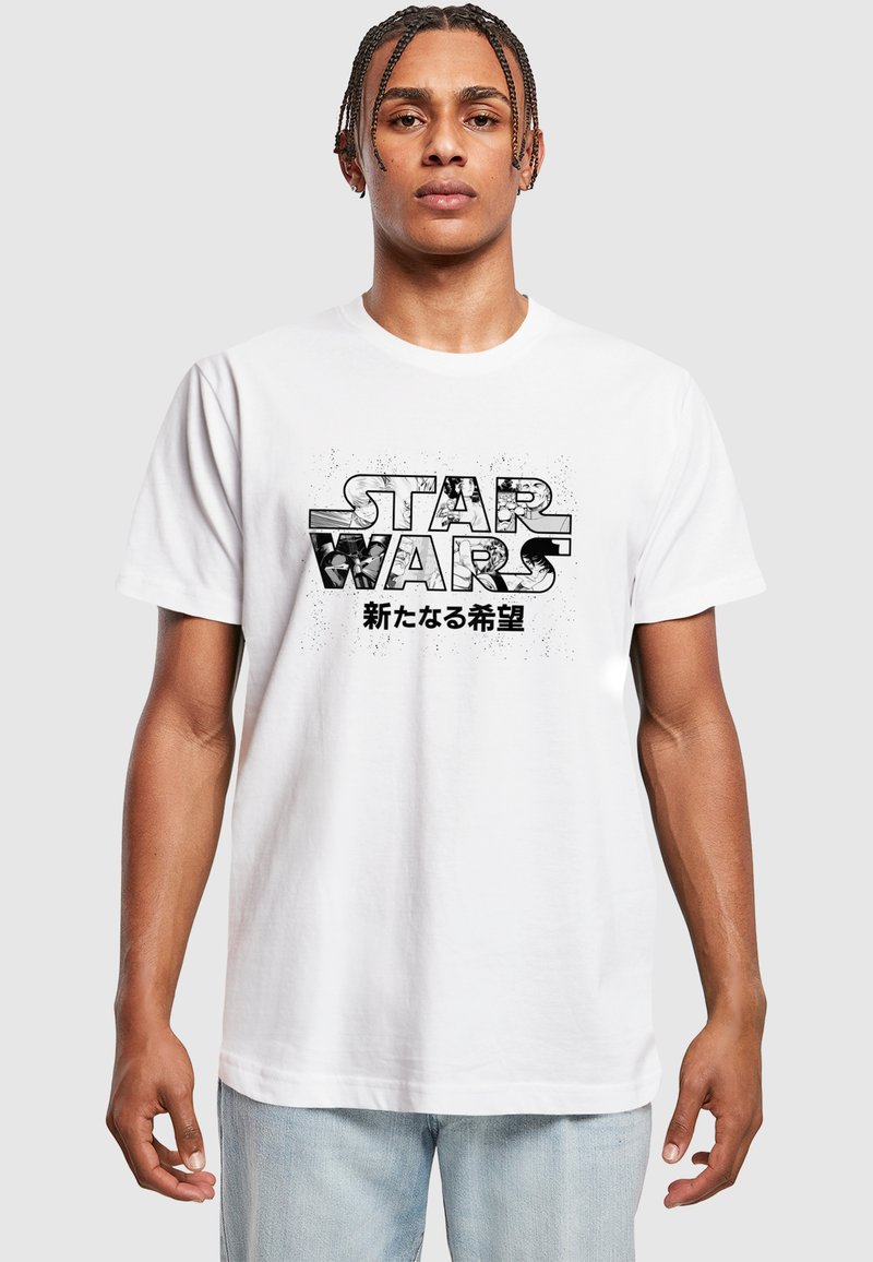 White cotton t-shirt featuring a black "STAR WARS" graphic with Japanese text below. Crew neck and short sleeves, casual fit.