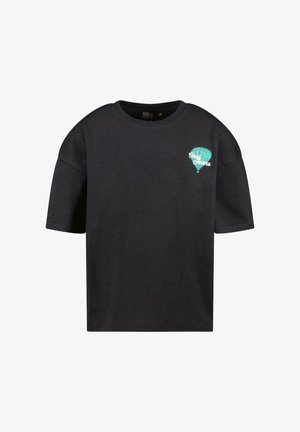 Zwart katoenen T-shirt met korte mouwen, ronde hals en een teal ballongrafiek op de linkerkant van de borst met de tekst "Cay's Jeans."