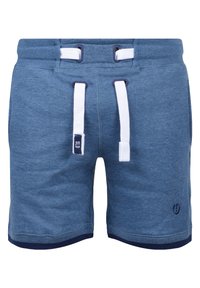 Shorts en coton bleus avec une taille à cordon de serrage. Présente des cordons blancs, des accents navy et un logo en bas à droite. Texture douce.