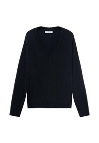 Ciemnogranatowy sweter z dekoltem w serek, długimi rękawami, prążkowanymi mankietami i krawędzią. Wykonany z gładkiej, lekkiej tkaniny. Bez widocznych wzorów ani akcentów.