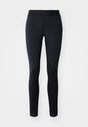 Schwarze Sportleggings aus einem glatten, dehnbaren Stoff. Sie haben ein enganliegendes Design, kontrastierende Einsätze und einen breiten elastischen Bund.