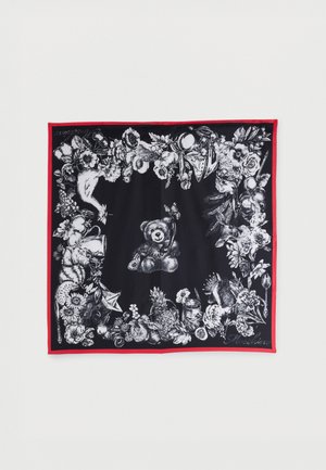 Black square scarf featuring white floral and animal illustrations with a red border. Central design includes a teddy bear and various decorative elements.