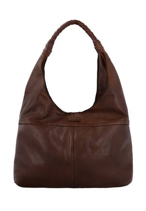 Brown leather handbag with braided handle, soft texture, and simple stitching detail, shown against a white background.