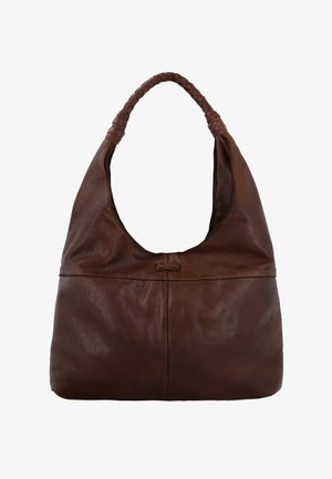 Brown leather handbag with braided handle, soft texture, and simple stitching detail, shown against a white background.