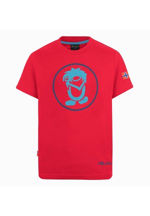 Rotes Kinder-T-Shirt mit kurzen Ärmeln mit blauem Trollgesicht in der Mitte und einer kleinen norwegischen Flagge am linken Ärmel.