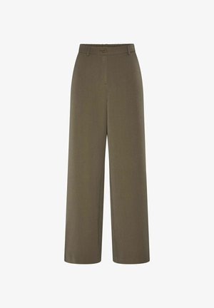 Bredde bukser i olivengrønn stoff, med knappelukking og en glatt tekstur. Skreddersydd design med en minimalistisk estetikk.