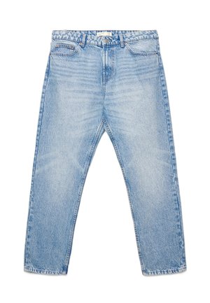 Jeans azzurri chiari a vita alta con gamba dritta, tasche davanti, passanti per cintura e chiusura con bottone su sfondo bianco.