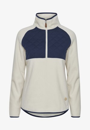 Pulover din fleece cu fermoar pe un sfert, de culoare crem, cu o parte superioară matlasată în nuanța bleumarin. Are mâneci lungi, tiv curbat și un accent din piele cu logo.