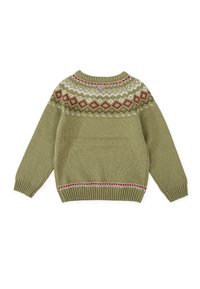 Jersey de punto verde con cuello redondo, que presenta un yugo decorado en rojo, blanco y verde oscuro. Puños y dobladillo acanalados.