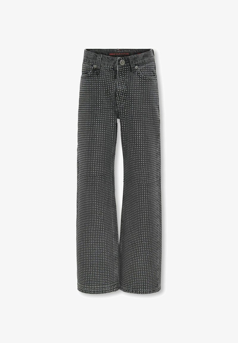 Crne traperice širokih nogavica s točkastim uzorkom, s prednjim zatvaranjem na gumb, pet džepova i kontrastnim šavovima.