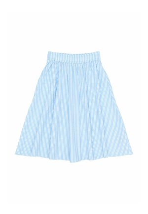 Light blue, knee-length skirt made of soft fabric with white vertical stripes. Features an elastic waistband and pleated design.