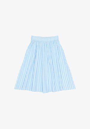 Svetlomodrá midi sukňa z mäkkého materiálu s bielymi vertikálnymi pruhmi. Obsahuje elastický pás a skladaný dizajn.