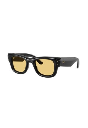 Mustat suorakaiteen muotoiset aurinkolasit keltaisilla linsseillä ja Ray-Ban-logo kehyksissä ja linssin vasemmassa yläkulmassa.