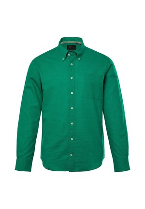 Grüne Knopfleiste-Hemd aus glattem Stoff, mit einer Tasche, Kragen und Knöpfen auf der Vorderseite mit einer subtilen Textur.