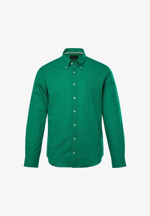 Groene button-up shirt van gladde stof, met een zak, kraag en knopen aan de voorkant met een subtiele textuur.
