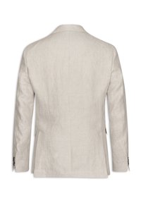 Světlý béžový lněný blazer se rovný střihem, klopovým límcem a knoflíkovými manžetami. Zadní strana má středový rozparek a mírně texturovaný povrch.