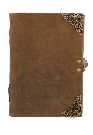 Brown leather notebook with decorative metal corner accents, brass hardware closure, and a textured surface.