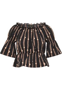 Černý top bez ramínek s rozšířenými rukávy, ozdobený zlatým řetízkovým vzorem a nařaseným pasem pro peplum efekt. Měkká tkanina.