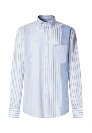 Herren-Langarmhemd mit Knöpfen, vertikalen blauen und weißen Streifen, einem Button-Down-Kragen und einer hellblauen Brusttasche.