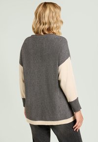 Maglione color block grigio e crema, caratterizzato da una vestibilità rilassata, polsini a costine e una texture morbida. Il retro mostra un dettaglio a contrasto sulle maniche.