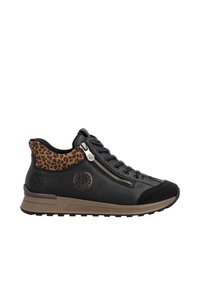 Baskets en cuir noir avec un dos en imprimé léopard, surface texturée, fermeture éclair, et accents marron sur la semelle. Semelle en caoutchouc pour une bonne adhérence.