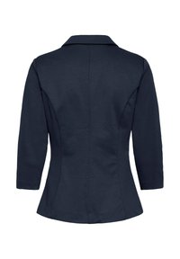 Veste ajustée bleu marine avec un col cranté, des manches trois-quarts et une texture subtile, dotée d'une seule couture au dos et d'une coupe cintrée.
