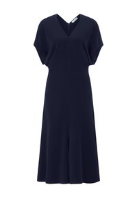 Granatowa sukienka z dekoltem w szpic, krótkimi bufkami na rękawach oraz wyraźnie zaznaczoną talią, z rozszerzaną spódnicą sięgającą do połowy łydki.