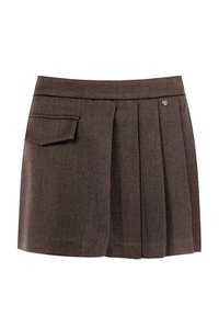 Mini gonna a pieghe marrone scuro con righe diagonali, tasca laterale a patta e piccolo dettaglio in metallo sul cinturino.