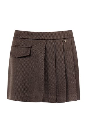 Mini gonna a pieghe marrone scuro con righe diagonali, tasca laterale a patta e piccolo dettaglio in metallo sul cinturino.
