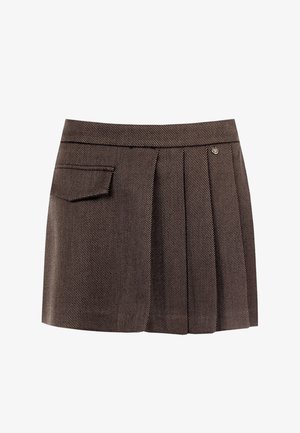 Mini gonna a pieghe marrone scuro con righe diagonali, tasca laterale a patta e piccolo dettaglio in metallo sul cinturino.