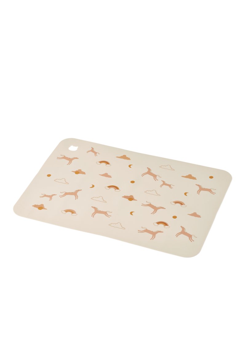 Silicone placemat in cream, featuring a repeating pattern of light brown dogs, clouds, rainbows, and moons in various orientations.