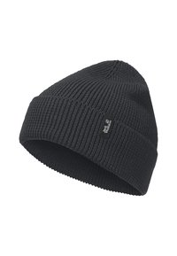 Black knitted beanie with a ribbed texture, featuring a folded cuff and small logo patch. Simple and modern design.