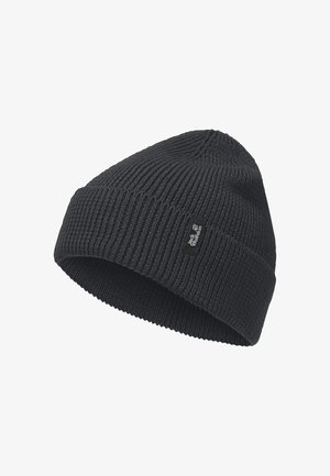 Schwarze gestrickte Mütze mit einer gerippten Struktur, ausgestattet mit einem umgeschlagenen Bündchen und einem kleinen Logopatch. Einfaches und modernes Design.