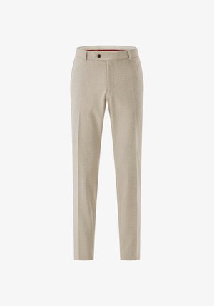 Beige maßgeschneiderte Hose aus strukturiertem Stoff, mit einem Knopfverschluss und geraden Beinen. Minimalistisches Design ohne Muster.