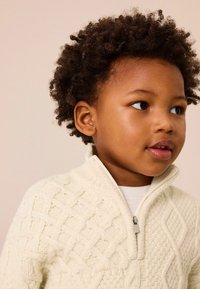 Pull crème tricoté avec un col haut et une demi-fermeture éclair, présentant un motif de câble texturé sur le devant et des manches lisses.