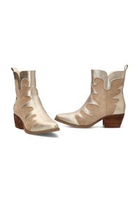 Botines de ante topo con acentos metálicos dorados, diseño de corte y punta afilada. El tacón bloque y el acabado texturizado realzan el interés visual.