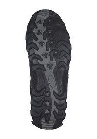 Schwarze Gummisohle mit einem multidirektionalen Profilmuster und erhabenen Sternformen, entworfen für Grip und Stabilität auf verschiedenen Oberflächen.