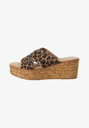 Leopard print wedge sandal with cross-strap design, cork platform, and textured sole. Color scheme features tan, brown, and black.
