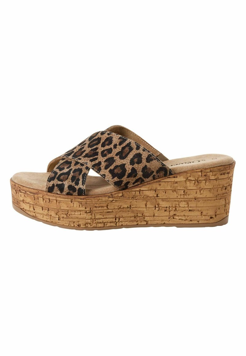 Leopardprint wedge sandaal met kruisbandontwerp, kurken platform en gestructureerde zool. Kleurencombinatie in bruin, tan en zwart.