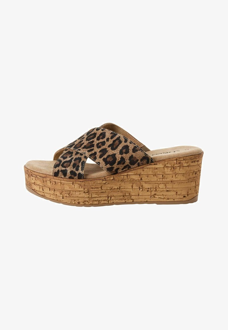 Leopard print wedge sandal with cross-strap design, cork platform, and textured sole. Color scheme features tan, brown, and black.