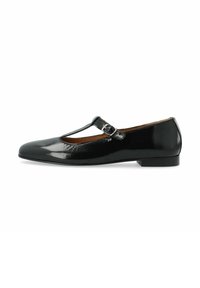Scarpa Mary Jane in pelle verniciata nera con punta arrotondata, design a t-strap e piccolo dettaglio con fibbia. Sole piatto con tacco minimale.
