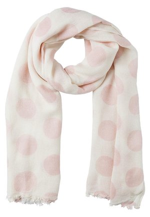 Écharpe crème claire avec de grands pois rose pâle, tissu léger et bords effilochés, pliée en boucle lâche.