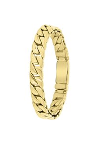 Gouden kettingarmband met elkaar verweven schakels, een gladde afwerking en een veilig sluitmechanisme voor eenvoudig dragen.