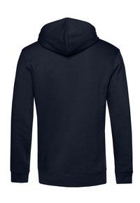 Felpa blu navy con cappuccio regolabile, maniche lunghe e polsini a coste. Tessuto liscio con dettagli di cucitura minimi.