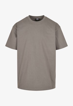 Graues Baumwoll-T-Shirt mit Rundhalsausschnitt, kurzen Ärmeln und einer lockeren Passform. Glatte Textur und keine sichtbaren Muster oder Akzente.