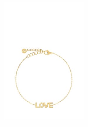 Õrn kuldse ahelaga käevõru, mille keskseks detailiks on suurtähtedega kirjutatud sõna "LOVE" ja reguleeritav homaarkinnitus.