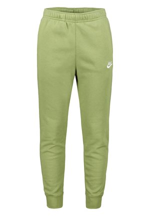 Jasnozielone spodnie dresowe Nike z elastycznym pasem i mankietami, z małym białym logo Nike na górnej lewej części uda.