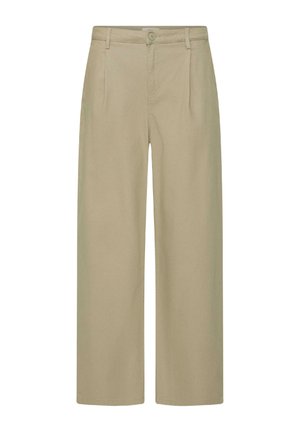 Μπεζ παντελόνι με ψηλή μέση και φαρδιά μπατζάκια, με θηλιές για ζώνη, κούμπωμα με κουμπί μπροστά και διακριτικές πιέτες στο μπροστινό μέρος.