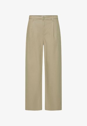 Μπεζ παντελόνι με ψηλή μέση και φαρδιά μπατζάκια, με θηλιές για ζώνη, κούμπωμα με κουμπί μπροστά και διακριτικές πιέτες στο μπροστινό μέρος.